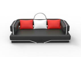 Black Sofa With Red And White Pillows photo