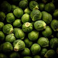 Realistic photo of a bunch of brussels sprouts. top view vegetables scenery. AI Generated