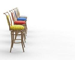 Red, blue, yellow and white coffee shop chairs - side view. photo