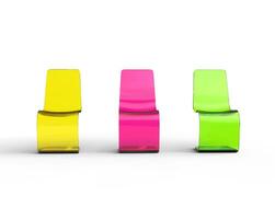 Futuristic yellow, purple and green plastic chairs on white - front view. photo