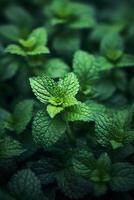 Realistic photo of a bunch of mint. top view vegetables scenery. AI Generated