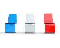 Futuristic white, red and blue plastic chairs on white - front view. photo