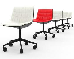 rojo oficina silla en fila de blanco oficina sillas con profundidad de campo difuminar. foto