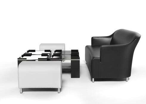 Black sofa with white ottomans on the side and coffee tables in front of it - isolated on white - 3D render photo