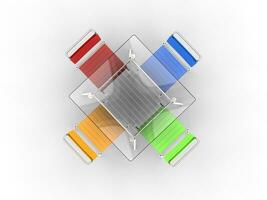 Small glass dining table with colorful chairs - top view - on white bacground - 3D render photo