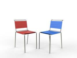 Red and blue aluminium chairs with cloth straps - on white background - 3D render photo