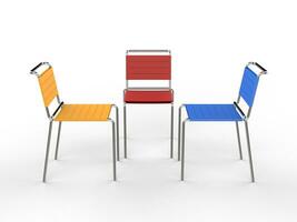 Modern simple aluminium chairs - primary colors - on white background - 3D render photo