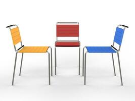 Three colorful chairs - front view - isolated on white backround - 3D render photo