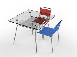 Small glass table with blue and red chairs - isolated on white background - 3D render photo