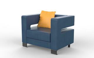 Modern blue leather armchair with yellow pillow photo