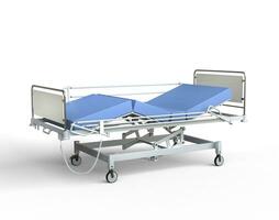 Hospital bed with blue bedding photo