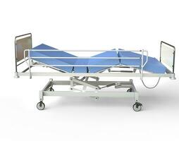 Hospital bed with blue bedding - left view photo