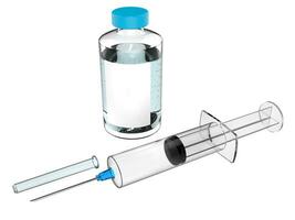 Medical syringe with blue needle and small glass vial of medicine vaccine - closeup shot photo