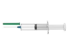 Vaccine syringe with blue needle and green needle cap - side view photo