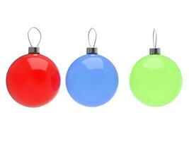 Glass christmas decoration balls in red, green and blue photo