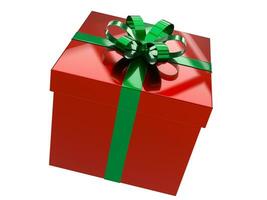 Shiny red Christmas gift box with green ribbon around it photo