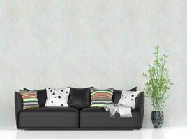 Black leather sofa with colorful pillows photo