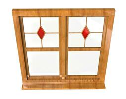 Wooden window frame with stained glass photo