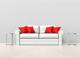 White sofa with red pillows with two end tables on the sides photo