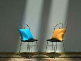 Two metal chairs with blue and yellow cushions photo