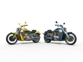 Yellow and Blue Motorcycles Side by Side photo