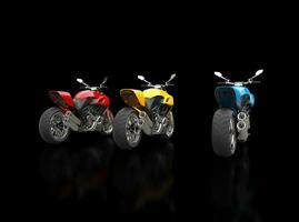 Sports motorcycles - red yellow and blue - back view - isolated on black reflective background photo