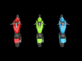 Red, green and blue motorcycles - top view - isolated on black background photo