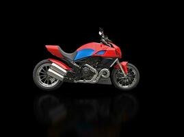 Red sports bike with blue details - side view - isolated on black reflective background photo