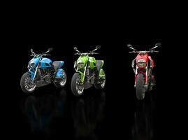 Red, green and blue motorcycles - front view - isolated on black reflective background photo