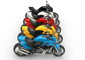 Sports motorcycles in a row - top view - isolated on white background photo