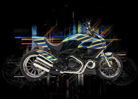 Illustration of a blue sports bike with yellow stripes on a black background photo