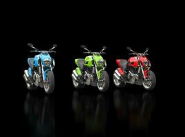 Red, green and blue motorcycles - isolated on black reflective background photo