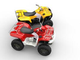 Yellow and red quad bikes - top side view photo