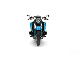 Powerful modern blue chopper motorcycle - front view photo
