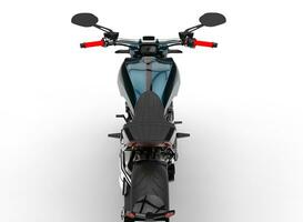 Dark cyan metallic chopper motorcycle - back view cut shot photo