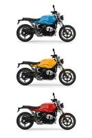 Set of three cool fast motorcycles in red, blue and yellow primary colors - side view photo