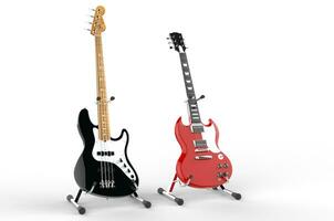 Electric bass and guitar on stands photo