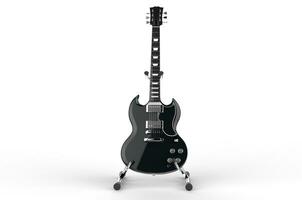 Black electric guitar on stand - front view photo