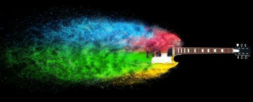 Hard rock guitar disintegrating into colorful particles photo