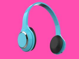 Modern light blue slim wireless headphones with silver details on pink background photo