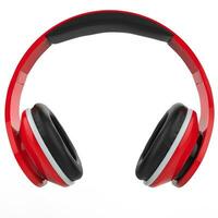 Modern red wireless heaphones with white details - front view photo