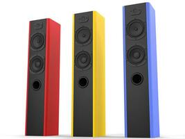 High tower music speakers with red, blue and yellow side panels photo