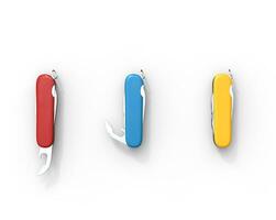 Red, blue, and yellow swiss army knifes on white background, ideal for digital and print design. photo