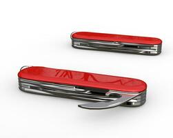 Two red swiss army knifes on white background, ideal for digital and print design. photo