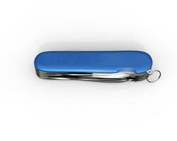 Blue swiss army knife on white background, ideal for digital and print design. photo