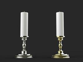 Silver and gold candle holders with white wax candles photo