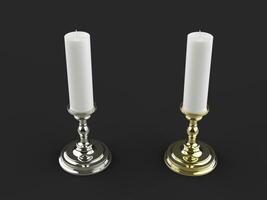 Silver and gold candle holders with white wax candles - top view photo