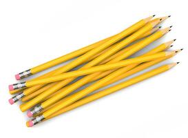 Bunch of yellow pencils, with and without erasers - top down view photo