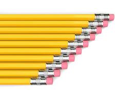 Neatly stacked row of yellow pencils, eraser end - top down view photo