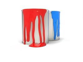 Red and blue paint leaking from metal paint cans photo